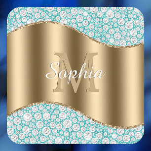 Dessous De Verre Carré Diamants de Glam sur Turquoise, Monogramme Or, Nom