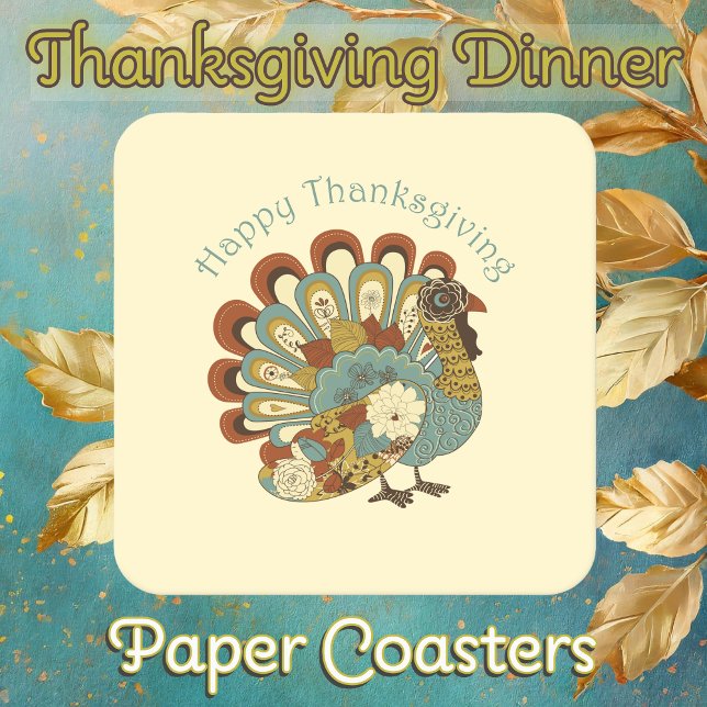Dessous De Verre Carré Dinde de couleur bon thanksgiving (Thanksgiving Dinner Paper Coasters with Muted Fall Colored Turkey)