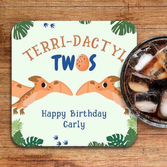 Dessous De Verre Carré Dinosaur 2e anniversaire Funny Green Pterodactyle (Dinosaur 2nd Birthday Funny Green Pterodactyl Square Paper Coaster
)