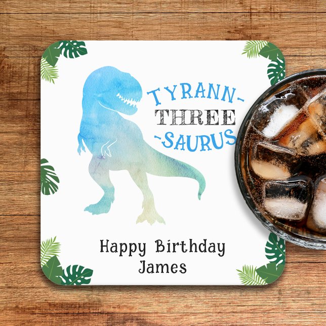 Dessous De Verre Carré Dinosaur 3ème anniversaire fête Blue Tyrannosaurus (Dinosaur 3rd Birthday Party Blue Tyrannosaurus Rex Square Paper Coaster
)