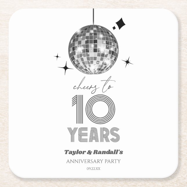 Dessous De Verre Carré Disco 10 ans de fête Mariage (Devant)