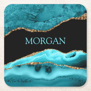 Dessous De Verre Carré DIY Name, Black, Gold & Teal Agate