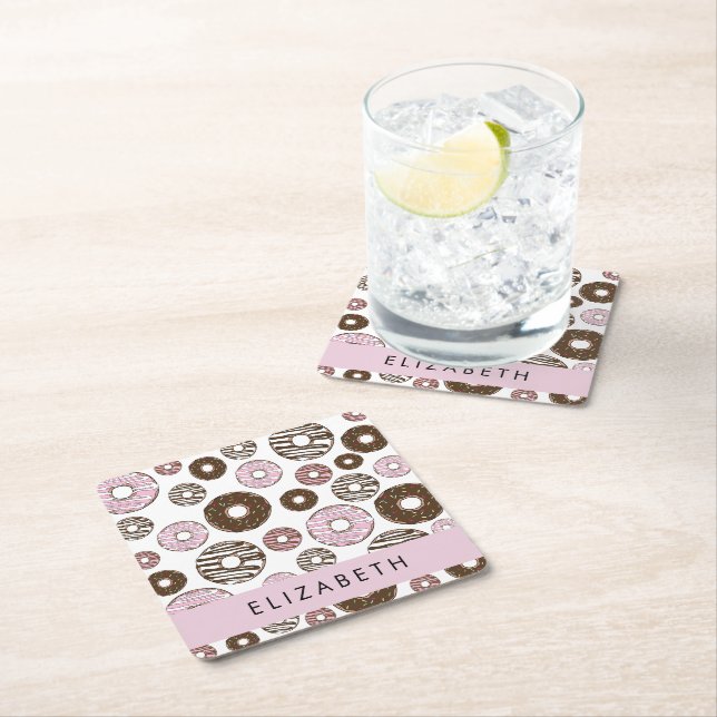 Dessous De Verre Carré Donuts Roses, Donuts Brown, Sprinkings, Votre Nom (En situation)