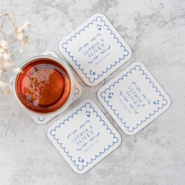 Dessous De Verre Carré Doodle d'onde rétro Mariage illustré à la main (Créateur téléchargé)