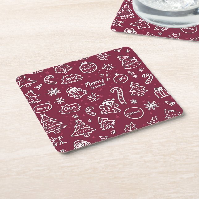 Dessous De Verre Carré Doodles de Noël violet Joyeux Noël (Incliné)