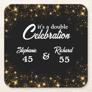 Dessous De Verre Carré Double célébration Joyeux Anniversaire Noir Or