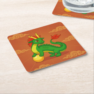 Dessous De Verre Carré Dragon Chinois Vert sur Fond Rouge