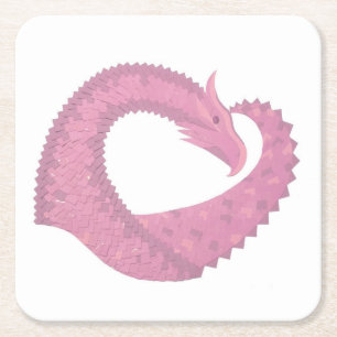 Dessous De Verre Carré Dragon de coeur rose sur blanc