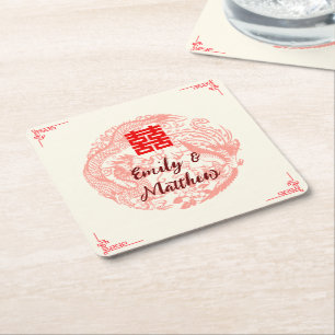 Dessous De Verre Carré Dragon et Phoenix mariage chinois beige rouge