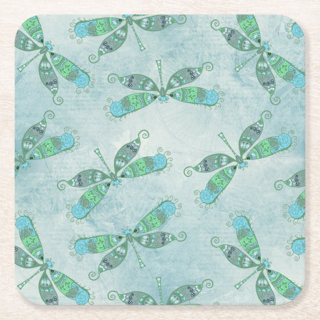 Dessous De Verre Carré Dragonflies Boho en bleu (Devant)