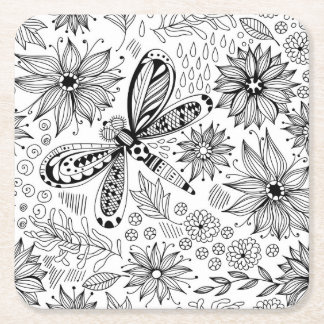 Dessous De Verre Carré Dragonfly et doodle de fleurs
