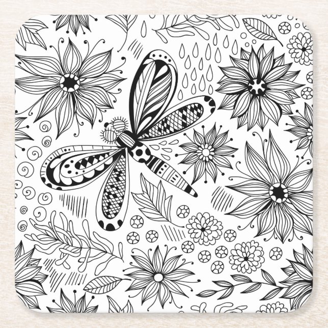 Dessous De Verre Carré Dragonfly et doodle de fleurs (Devant)