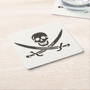 Dessous De Verre Carré Drapeau de crâne obsidien Drapeau de pirate Calico