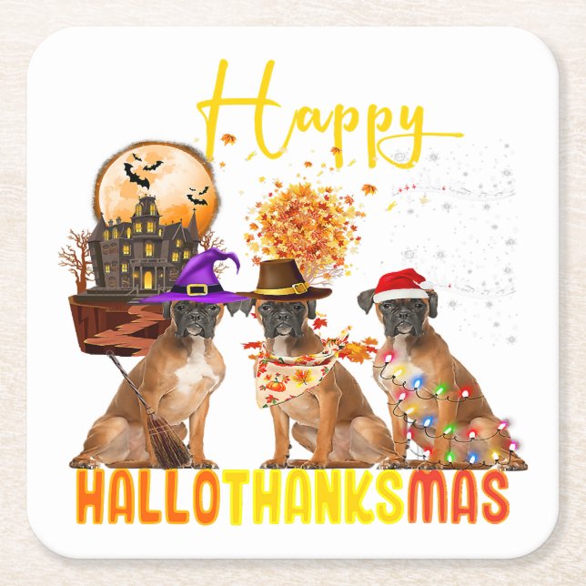 Dessous De Verre Carré Drôle chien de boxe Hallothanksmas heureux proprié (Devant)