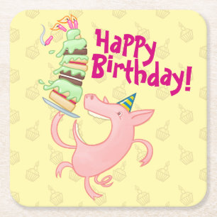 Dessous De Verre Carré Drôle Cochon Joyeux Anniversaire ! Carton de gâtea