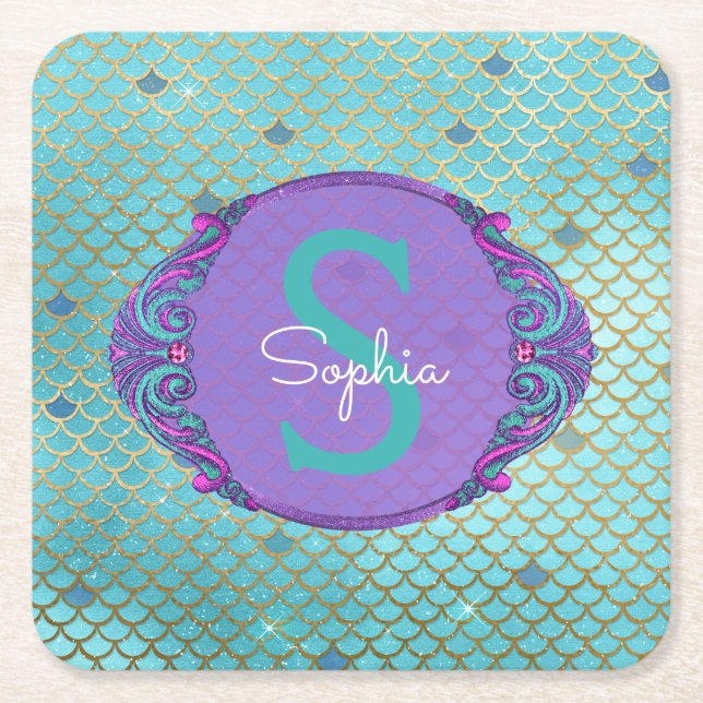 Dessous De Verre Carré Échelle de sirène turquoise et violette Monogramme (Devant)
