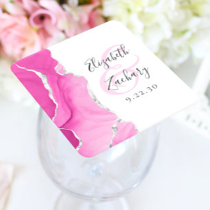 Dessous De Verre Carré Écriture de géode d'agate rose argent mariage