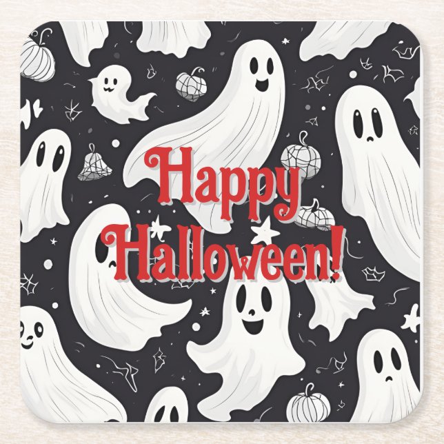 Dessous De Verre Carré Éffrayant Ghost Halloween noir blanc (Devant)