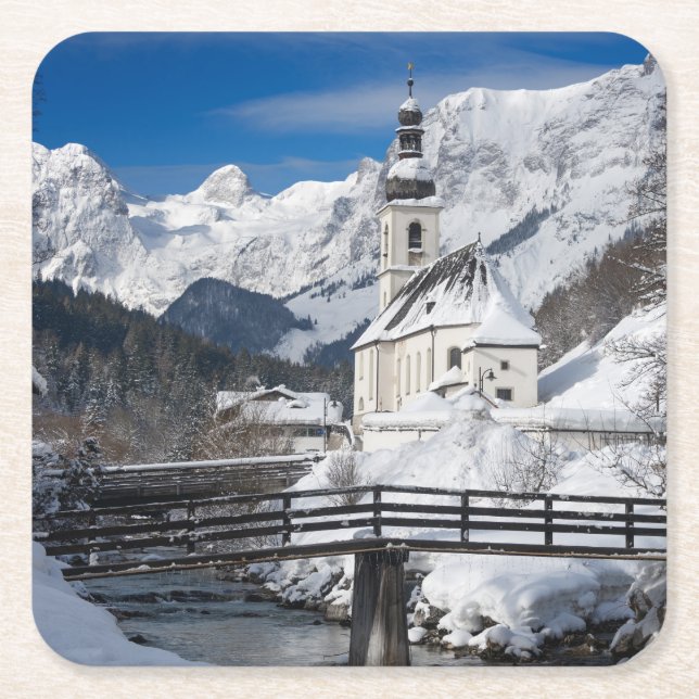 Dessous De Verre Carré Église dans la neige avec les Alpes (Devant)