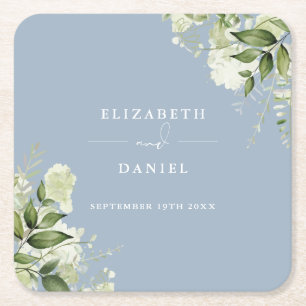 Dessous De Verre Carré Élégance de verdure florale mariage bleu poussiére