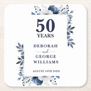 Dessous De Verre Carré Élégant 50e anniversaire de Mariage Floral Bleu