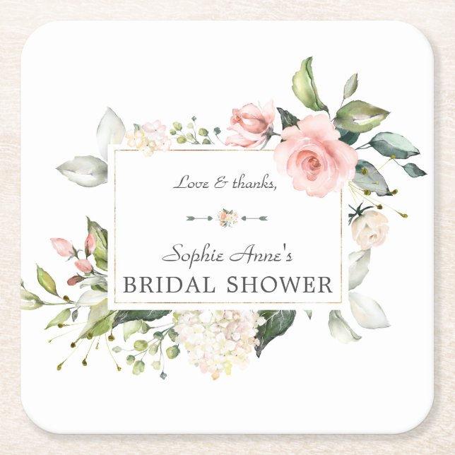 Dessous De Verre Carré Élégant Baby Shower Floral Rose Pâle Aquarelle (Devant)