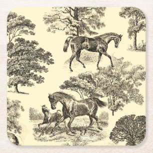 Dessous De Verre Carré Elégant Beige Rustique Horses Toile