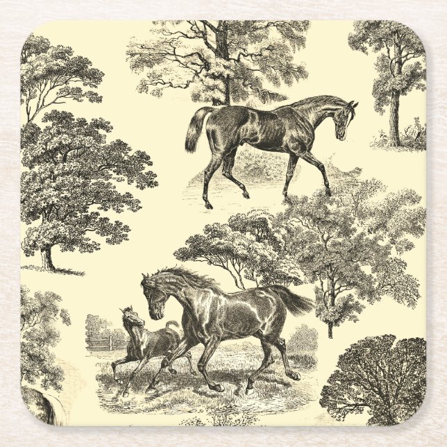 Dessous De Verre Carré Elégant Beige Rustique Horses Toile (Devant)