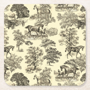 Dessous De Verre Carré Elégant Beige Rustique Horses Toile