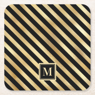 Dessous De Verre Carré Élégant Black Gold Stripes Monogramme