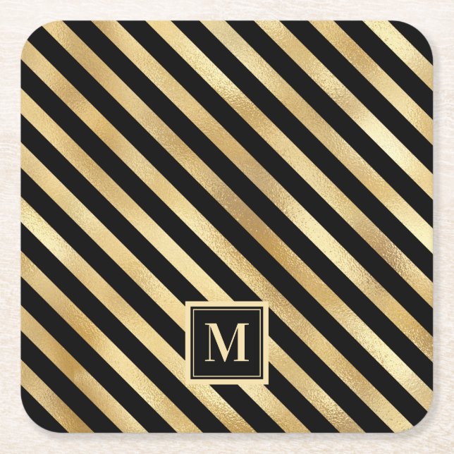 Dessous De Verre Carré Élégant Black Gold Stripes Monogramme (Devant)