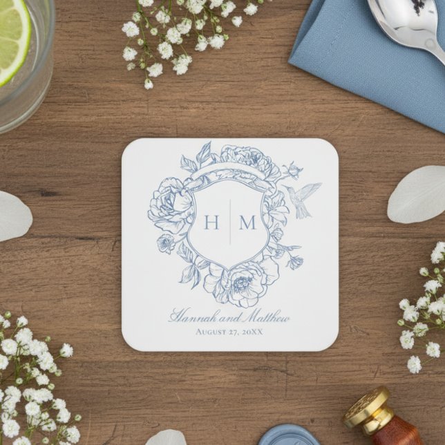 Dessous De Verre Carré Elégant bleu Chinoiserie Bird Crest Mariage (Créateur téléchargé)