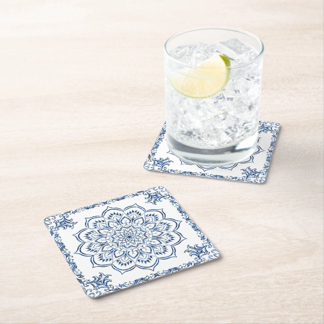 Dessous De Verre Carré Elégant bleu métallique Mandala (En situation)