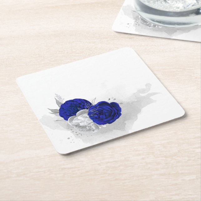 Dessous De Verre Carré élégant bleu royal et fleurs d'argent (Incliné)