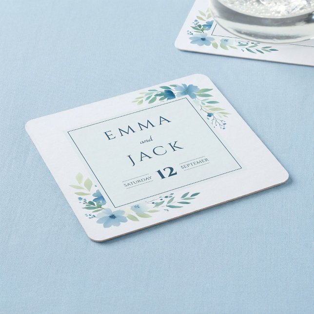 Dessous De Verre Carré Elégant bleu vert noms et mariage de date (Elegant blue greenery names and date wedding square paper coaster.)