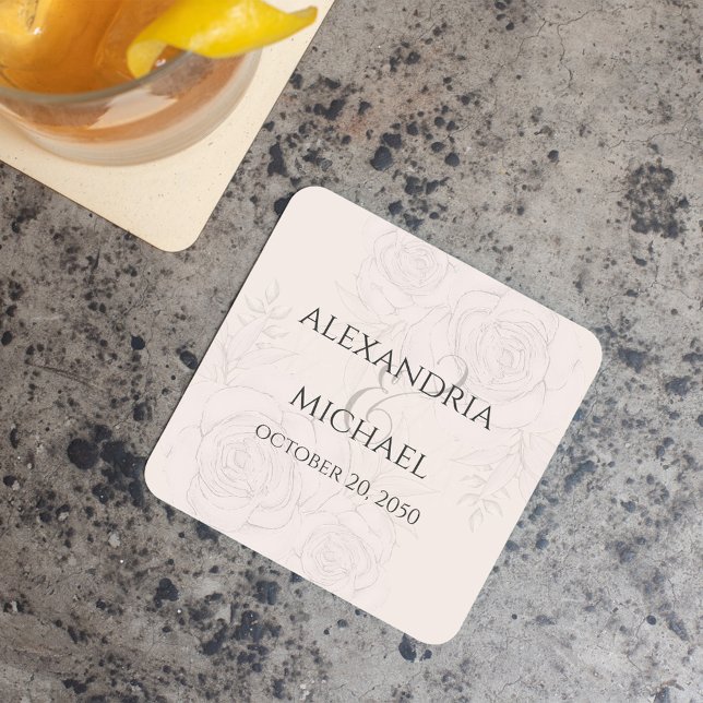 Dessous De Verre Carré Élégant Blush Floral Calligraphie Script Ampersand (Elegant blush floral wedding paper coaster. With calligraphy ampersand)