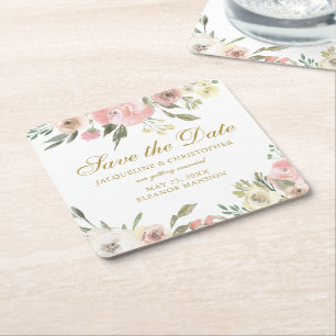 Dessous De Verre Carré Élégant Blush Pink Gold Floral Enregistrer la date