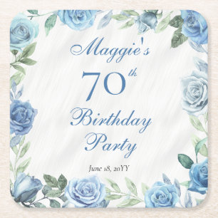 Dessous De Verre Carré Elégant cadre Floral Rose bleu 70e fête d'annivers