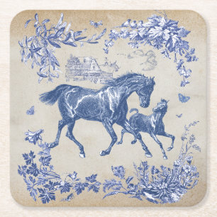 Dessous De Verre Carré Élégant Cheval bleu Vintage Floral
