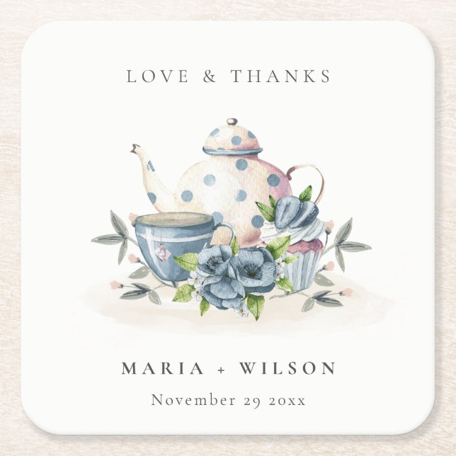 Dessous De Verre Carré Elégant Cute Aqua Blue Floral Mariage de la Coupe  (Devant)