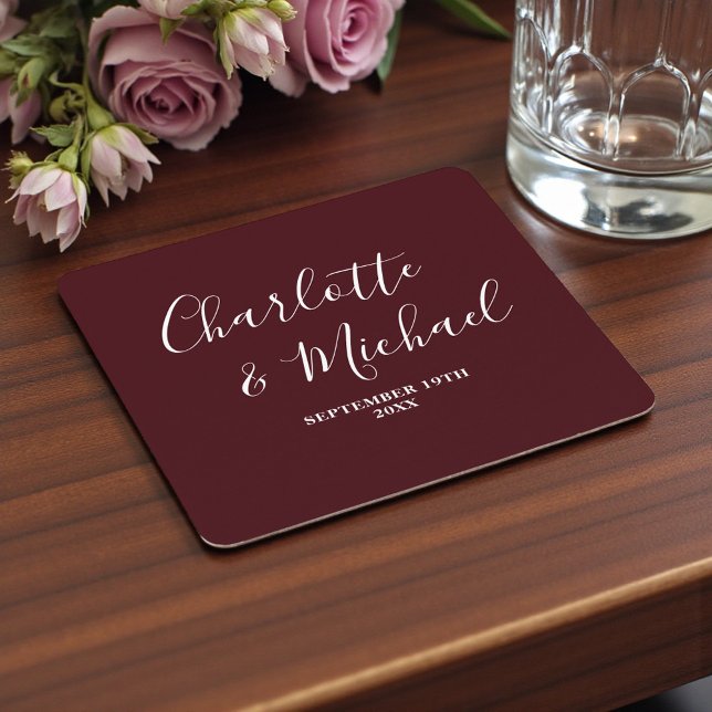Dessous De Verre Carré Elegant Deep Burgundy Script Minimalist Wedding (Créateur téléchargé)