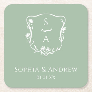 Dessous De Verre Carré Élégant Eucalyptus Monogram Rose Mariage Crest