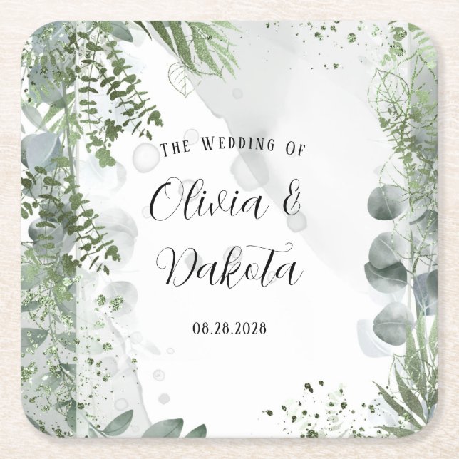 Dessous De Verre Carré Elégant Eucalyptus Verdure Mariage d'encre d'alcoo (Devant)