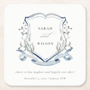 Dessous De Verre Carré Elégant Fleur sauvage d'aquarelle bleu Mariage Cre