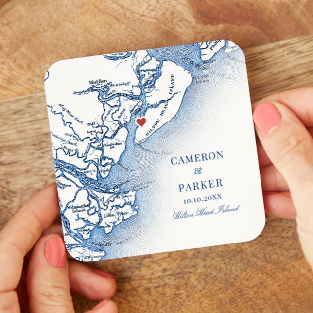 Dessous De Verre Carré Elégant Hilton Head Island Map Marine Blue Mariage (Hilton Head SC Map Drink Coaster for an elegant navy blue wedding from Coastal Map Designs)