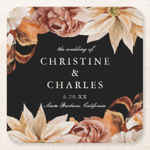 Dessous De Verre Carré Elégant Mariage d'aquarelle d'automne noir