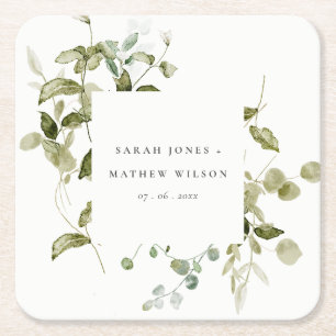 Dessous De Verre Carré Élégant Mariage d'aquarelle de feuillage botanique