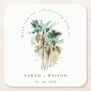 Dessous De Verre Carré Elégant Mariage d'aquarelle tropicale palmiers