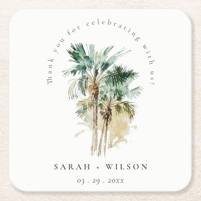 Dessous De Verre Carré Elégant Mariage d'aquarelle tropicale palmiers (Devant)