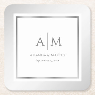 Dessous De Verre Carré Élégant Mariage d'argent monogramme